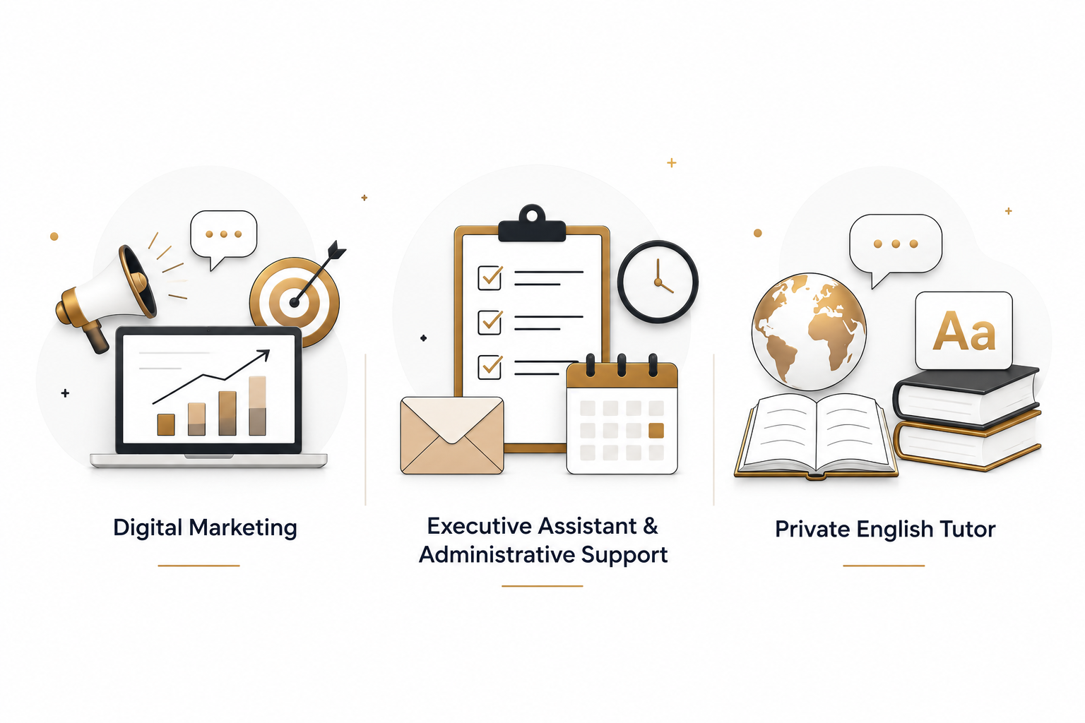 Ilustrasi layanan Digital Marketing, Executive Assistant, dan Private English Tutor